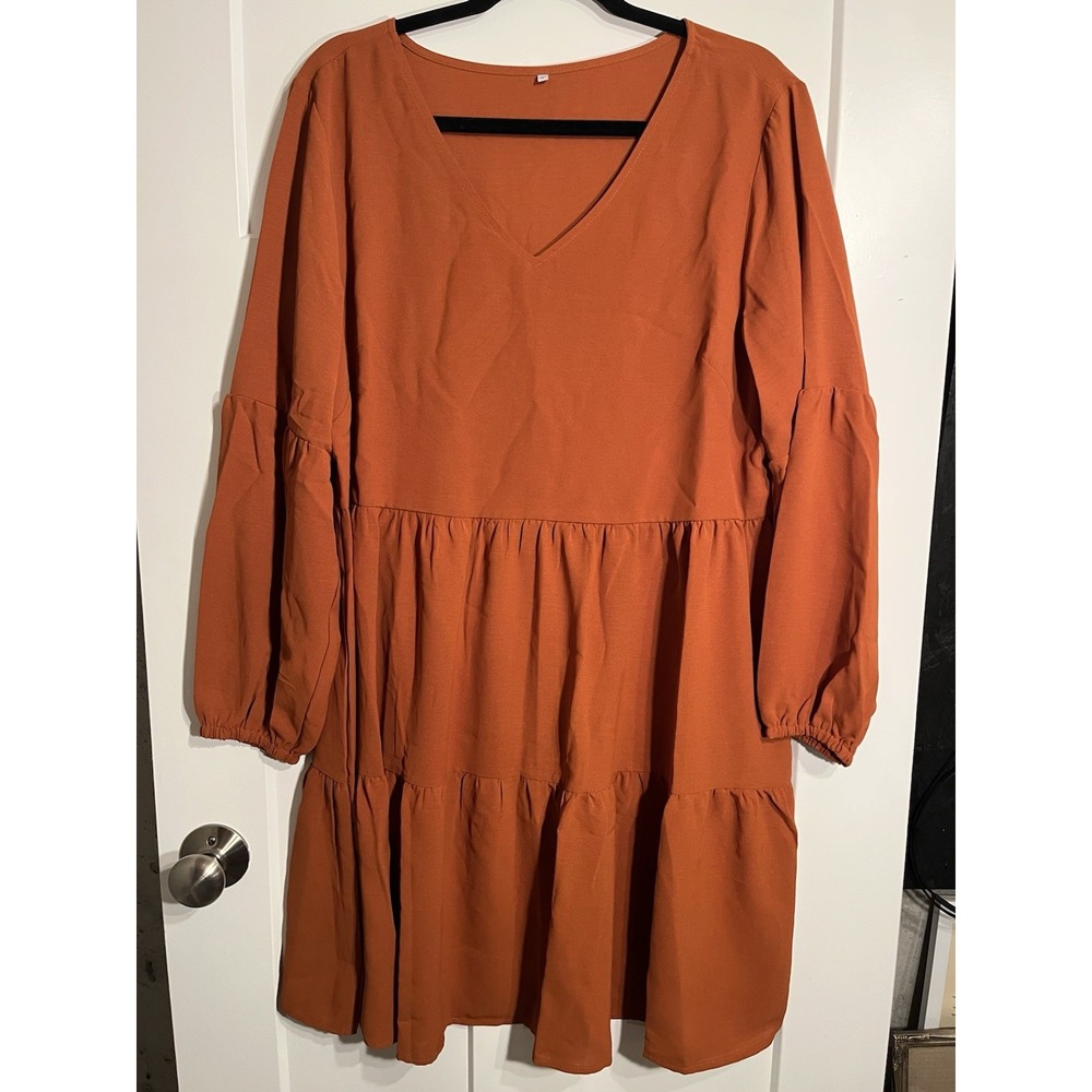 Womens L Rust Orange Tiered Babydoll Dress V Neck Long Sleeve Boho Mini